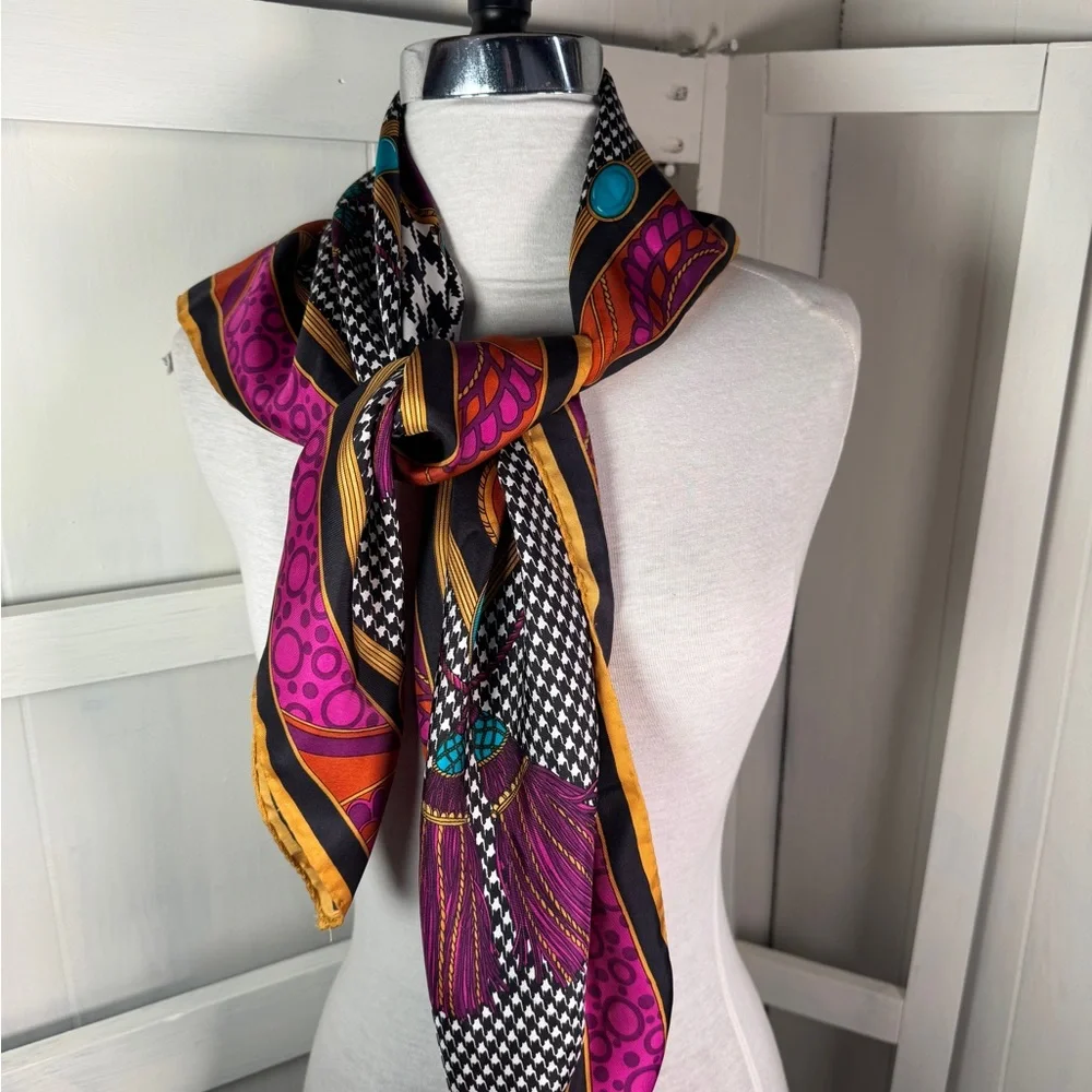 Vtg Dior 100% Handmade Silk Scarf 34”Square, striking Colors and Unique Patterns